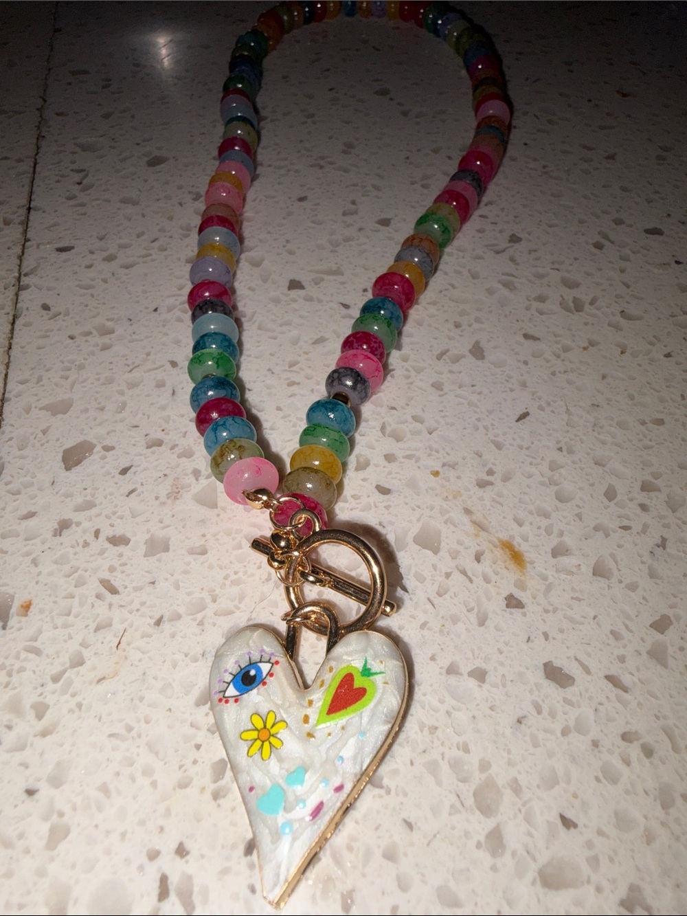 Multicolor Beaded Heart Pendant Necklace — New